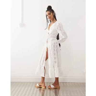 Reclaimed Vintage tie front beach cover up in white broderie