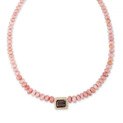 Pave Purple Tourmaline Rectangle Center Pink Opal Beaded Necklace