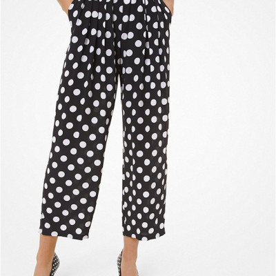 Polka Dot Silk Crepe De Chine Pleated Cropped Trousers