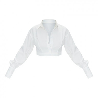 White Oversized Cuffed Button Crop Shirt