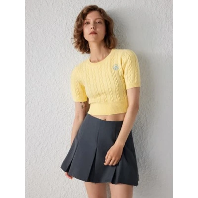 Round Neck Floral Embroidery Knitted Crop Sweater