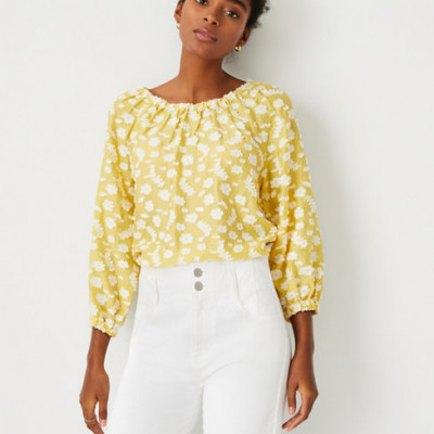 Floral Clip Gathered Boatneck Top | Ann Taylor