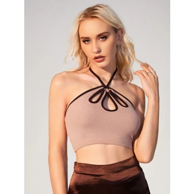 Contrast Binding Cut Out Tie Backless Halter Top