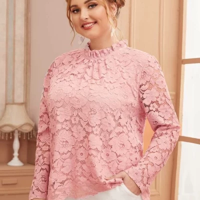 Plus Lace Frill Trim Wave Edge Hem Blouse