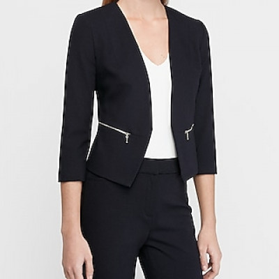 Zip Pocket Cutaway Cropped Business Blazer Blue Womens 00