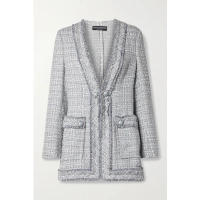DOLCE & GABBANA - Embellished Frayed Metallic Tweed Jacket - Gray
