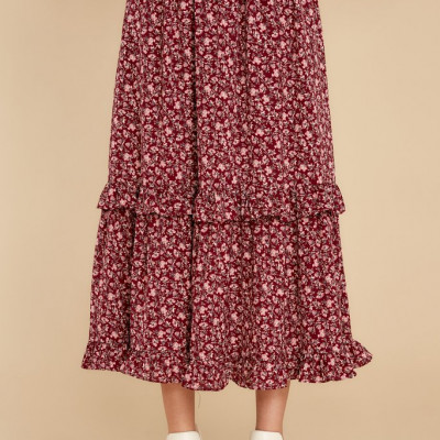 Fluttering Thoughts Burgundy Floral Print Maxi Skirt
