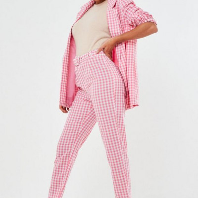 Pink Co Ord Gingham Belted Cigarette Pants