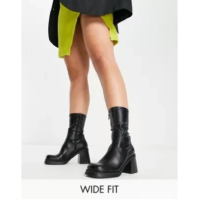 ASOS DESIGN Wide Fit Reversed mid-heel sock boots in black