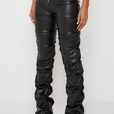 Tacked Vegan Leather Flared Trousers