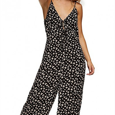 Petite Black Tie Front Floral Jumpsuit - Black