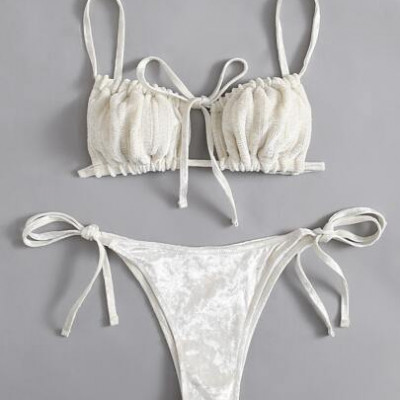 Solid Velvet Cut Out Tie Side Bikini Swimsuit