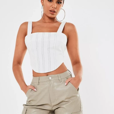 White Twill Contrast Stitch Corset Crop Top