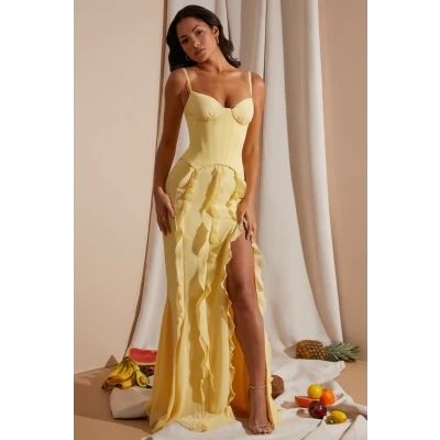 Corset Frill Skirt Maxi Dress in Yellow