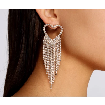 Rhinestone Heart Fringe Duster Earrings
