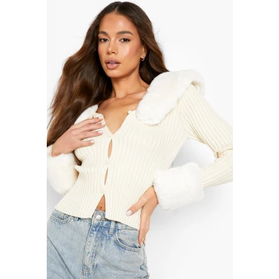 Womens Faux Fur Trim Cardigan - White -