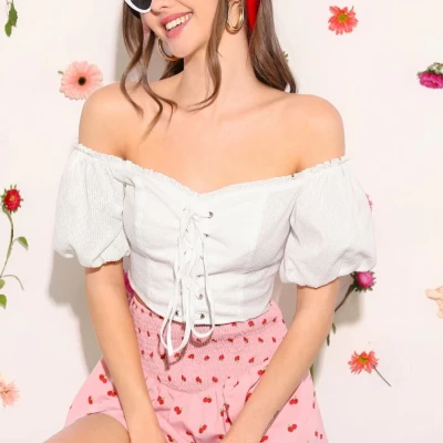 Lace Up Front Puff Sleeve Textured Bardot Top