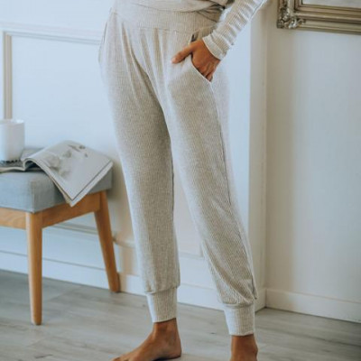 Count Sheep Pocketed Ribbed Knit Joggers - Oatmeal