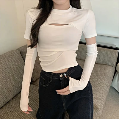 Skinny Mock Layered Keyhole Neckline Top with Arm Warmer Sleeves