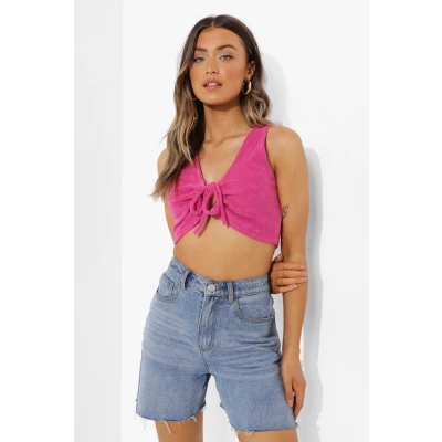 Womens Towelling Tie Detail Sleeveless Crop Top - Pink - 2