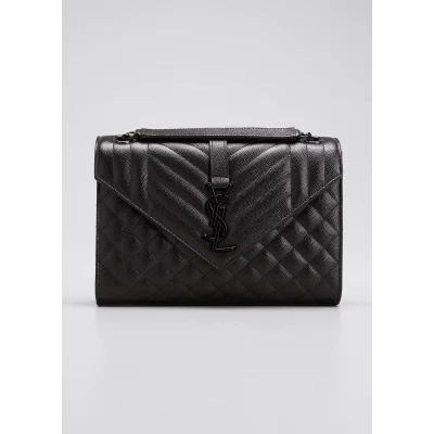 Triquilt Medium YSL Monogram Grain de Poudre V Flap Satchel Bag - Black Hardware