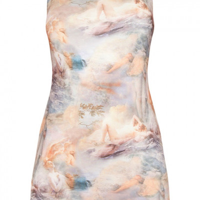 Multi Pastel Pink Renaissance Print Slinky Spaghetti Strap Bodycon Dress