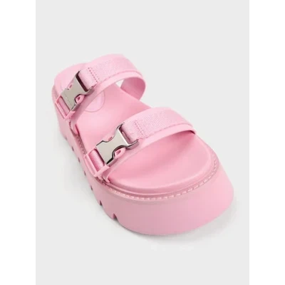 Laine Metallic-Buckle Flatform Sandals - Light Pink