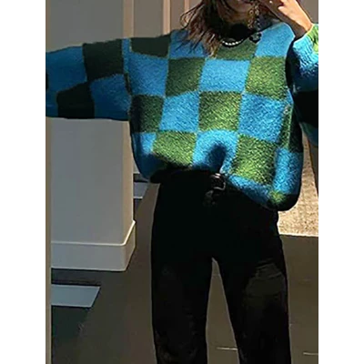Women's Sweater Knitted Plaid Stylish St. Patrick's Day Long Sleeve Slim Sweater Cardigans Crew Neck Fall Winter Green