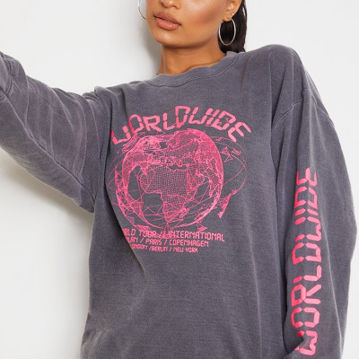Grey Worldwide Slogan Oversized Sweatshirt
