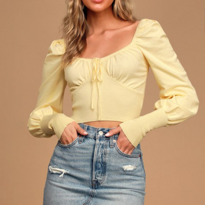 Be Sweet Light Yellow Long Sleeve Cropped Sweater Top | Lulus