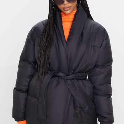Black Collar Tie Waist Puffer Coat