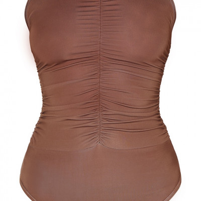 Chocolate Slinky Ruched High Neck Bodysuit