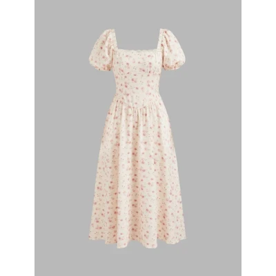 Square Neck Floral Corset Lace Up Midi Dress