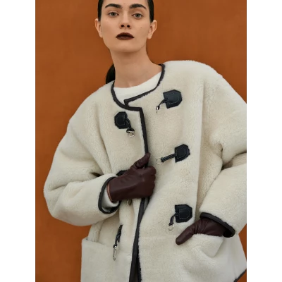 Clasp Front Shearling Coat, Vanilla