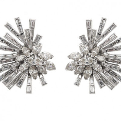 Mid-Century Diamond Spray Earrings In Platinum