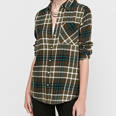 Supersoft Green Plaid Flannel Boyfriend Shirt Green Print Womens