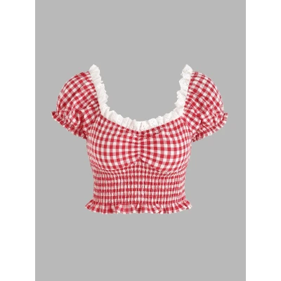 Plaid Pattern Ruffle Top