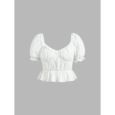 Ruched Ruffle Hem Short Sleeve Crop Blouse