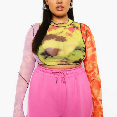 Plus Tie Dye Mesh Long Sleeve Crop Top