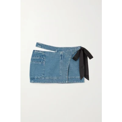 Victoria bow-detailed cutout denim mini wrap skirt