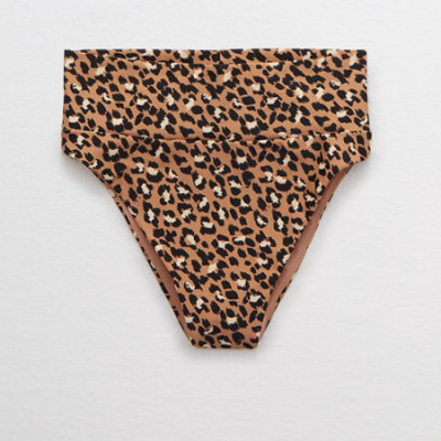 Aerie Leopard High Cut Cheeky Bikini Bottom Womens Raw Sienna