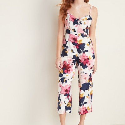 Tie-Front Linen-Blend Cami Jumpsuit for Women