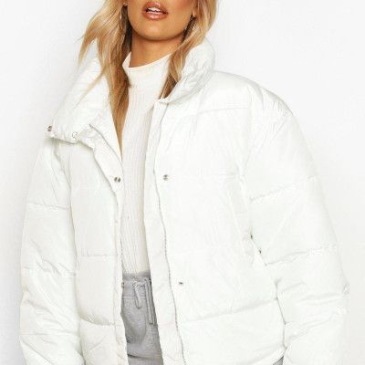 Plus Funnel Neck Cropped Puffer Jacket- off white