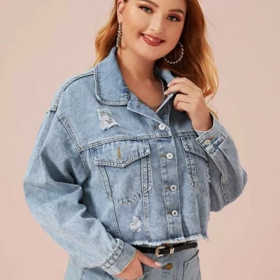 Plus Ripped Raw Hem Denim Trucker Jacket