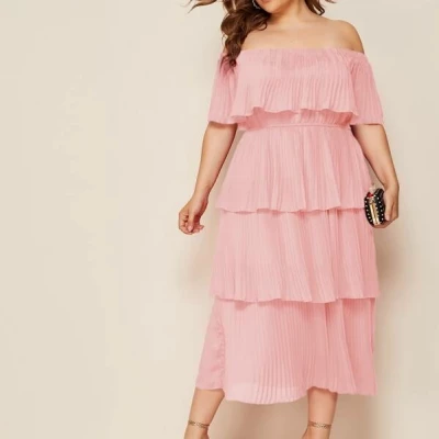 Plus Off Shoulder Ruffle Layered Hem Pleated Dress