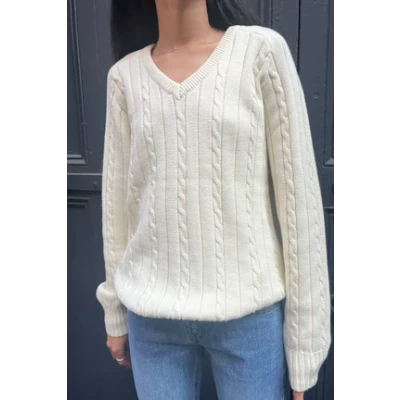 Ida Cotton Cable Knit V-Neck Sweater