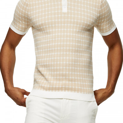 Mens Topman Check Short Sleeve Knit Polo, Size X-Small - Beige