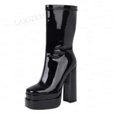 LAIGZEM Women Calf Boots Side Zip Platform Block Thick High Heels Boots Faux Leather Ladies Shoes Woman Big Size 36 39 42 43