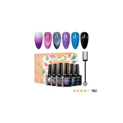 MEET ACROSS Cat Eye Gel Nail Polish Set 6 Colors Collection Color Changing Gel Polish Kit Soak Off Nail Lamp Glitter Gel Phantom Chameleon Nail Kit Gift Box 8 ml Bottle