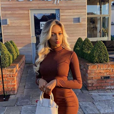 Brown Rib Knit Roll Neck Mini Dress